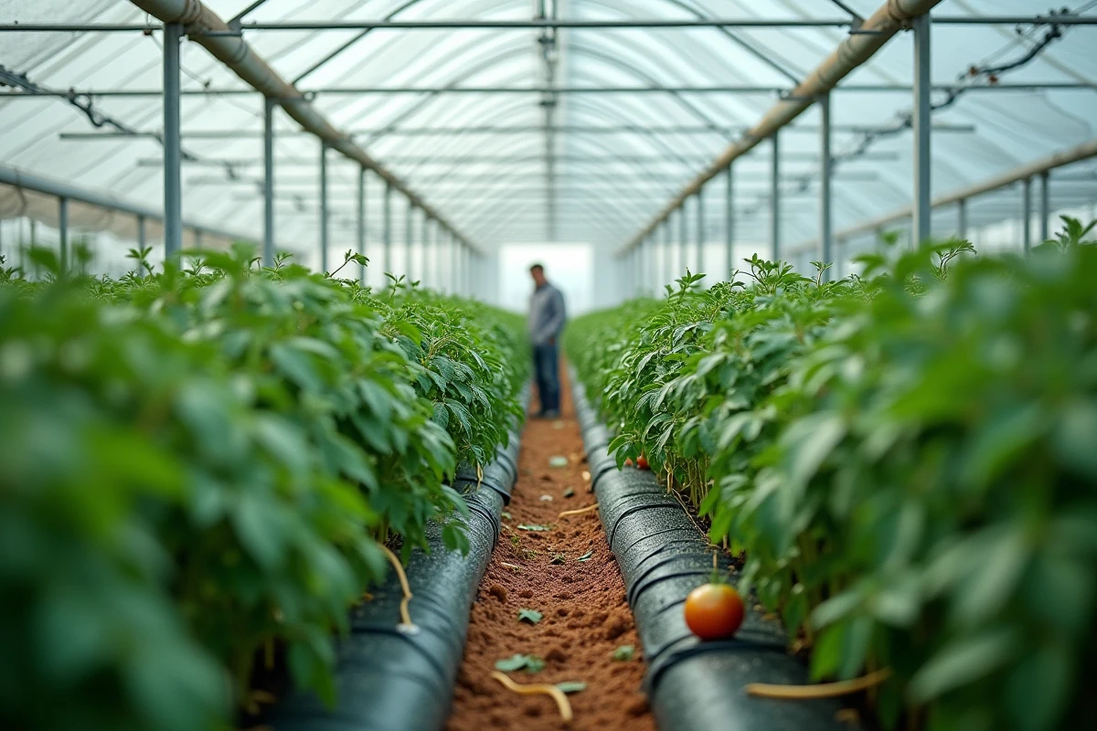 Intérieur d'une serre industrielle de tomates avec cultures hors-sol, tubes d'irrigation en plastique et substrat artificiel, symbolisant la consommation de ressources et les déchets plastiques liés aux serres.