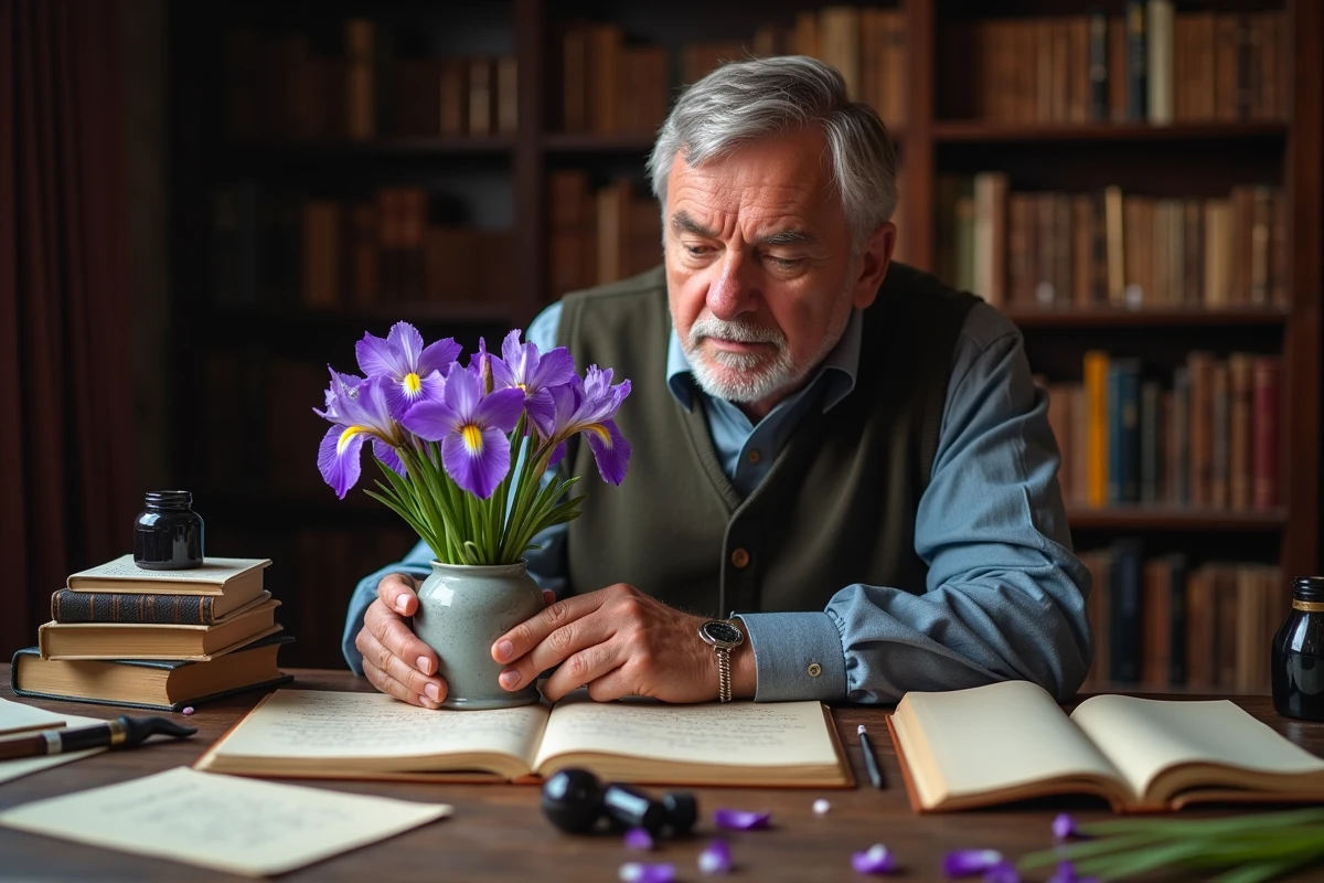 Homme arrangeant des iris violets dans une bibliothèque créative entourée de livres et de manuscrits