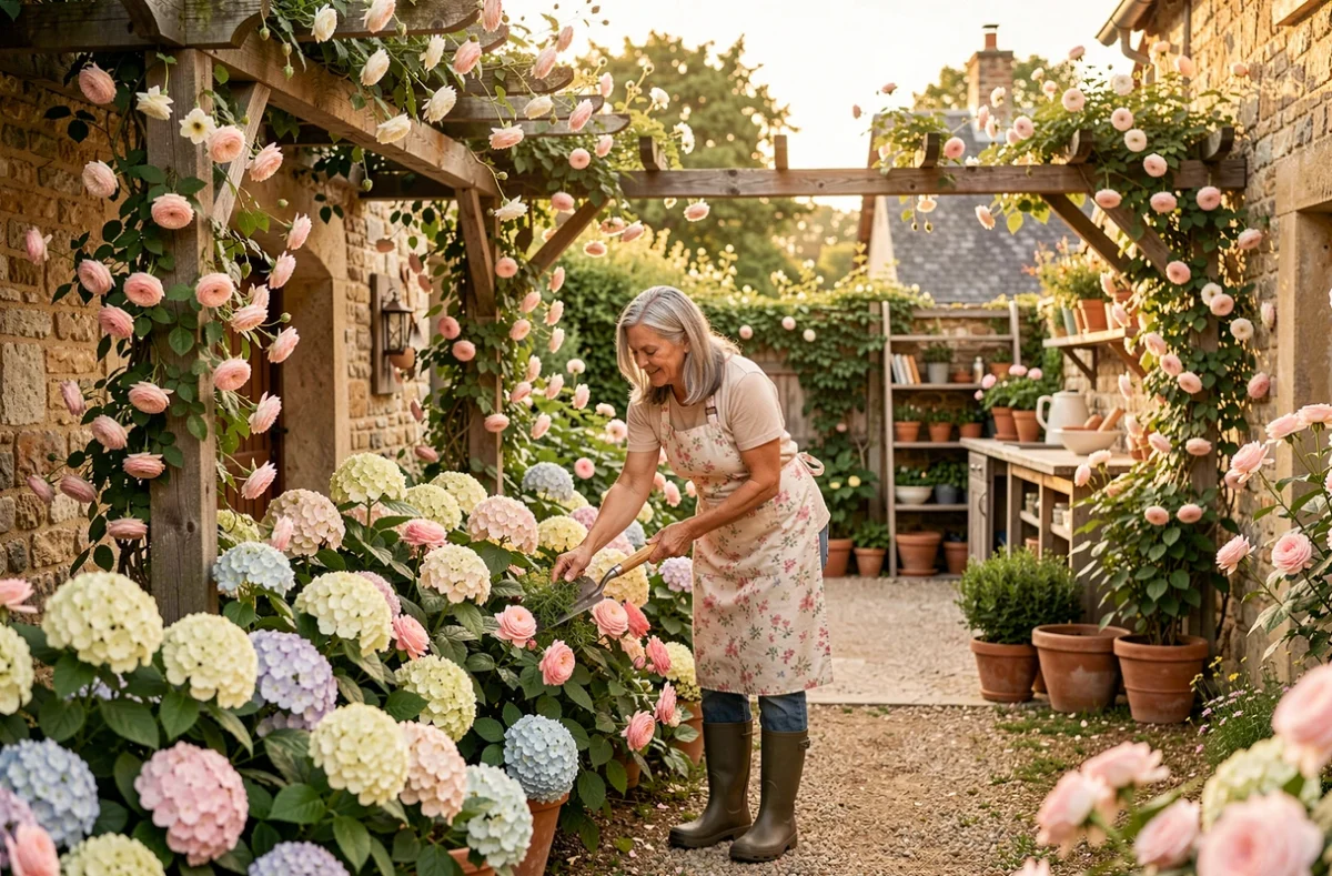 Jardinière du Jardin de Marie entretenant un jardin de style cottage avec roses et hortensias