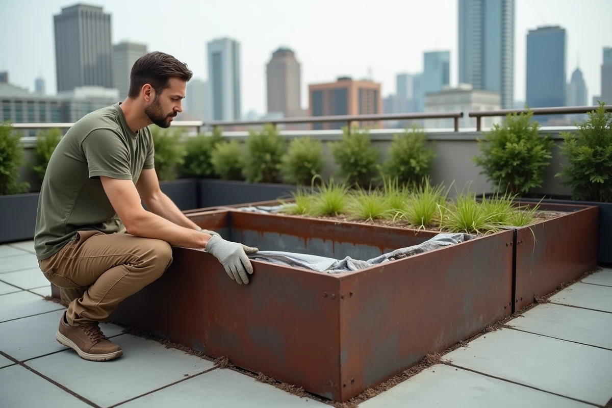 Homme inspectant la paroi intérieure d'un jardin surélevé en acier galvanisé avec une protection plastique sur un toit urbain