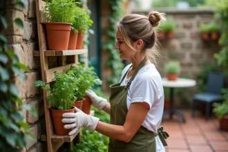 Femme installant des herbes aromatiques sur un jardin vertical en palette pour optimiser l'espace dans un petit jardin urbain
