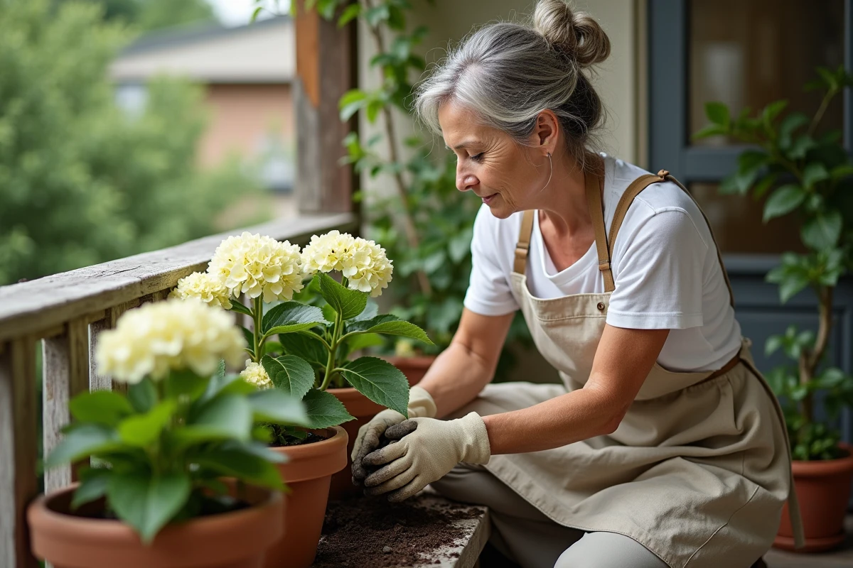 Jardinière plantant des hortensias et des bégonias dans des pots sur un balcon ombragé