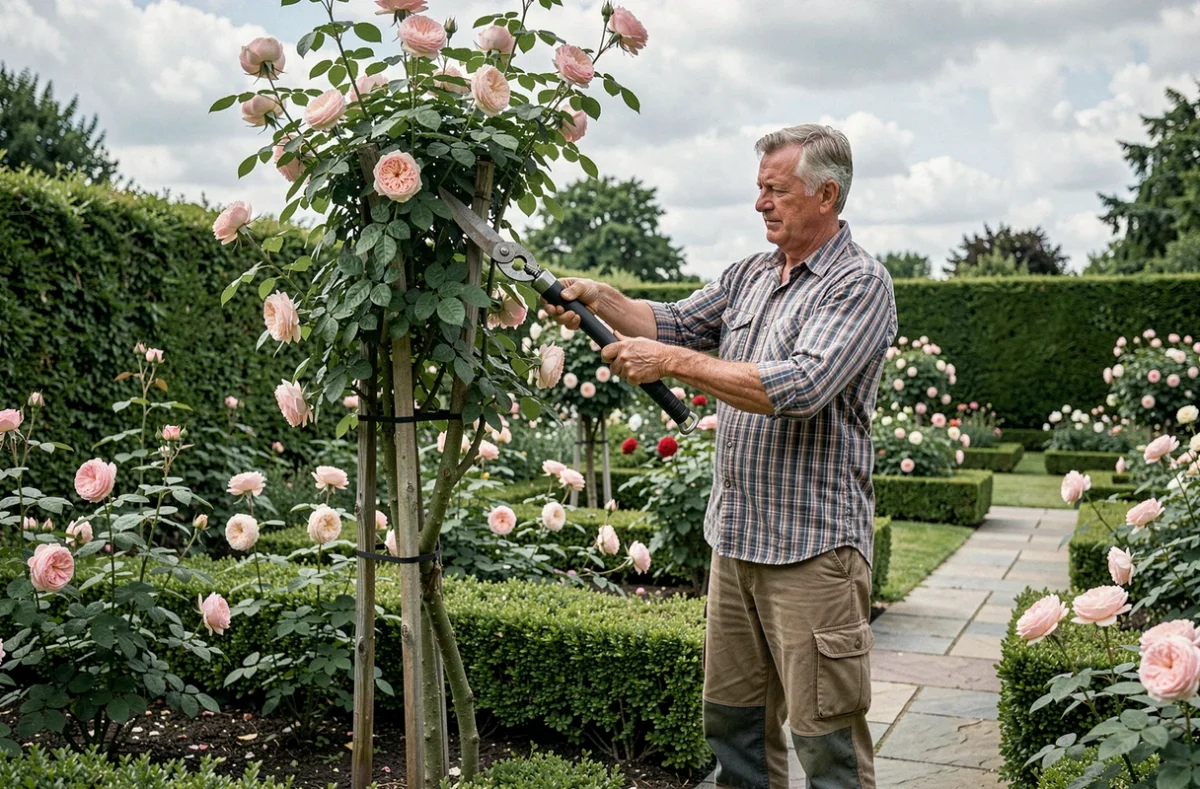 Jardinier homme taillant un rosier buisson avec un sécateur long dans un jardin à l'anglaise
