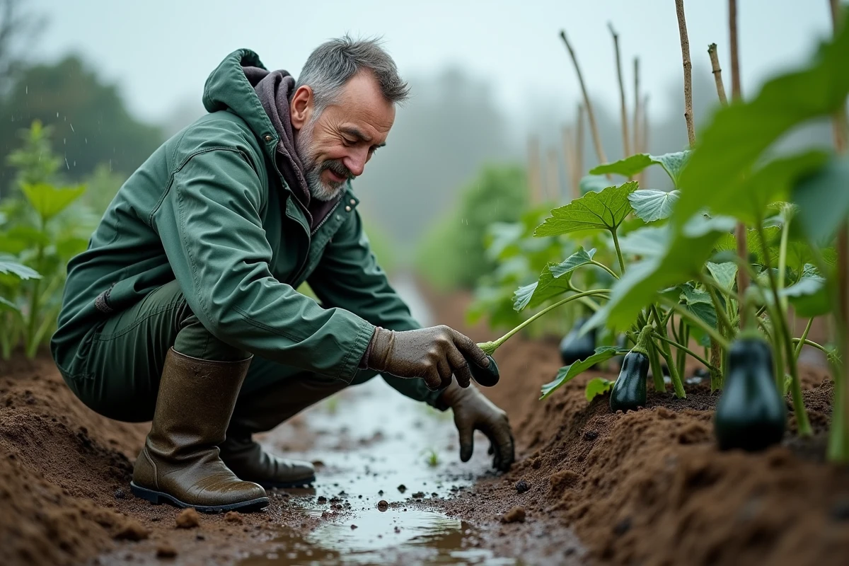 Jardinier inspectant ses plants d'aubergines après une forte pluie dans un potager détrempé