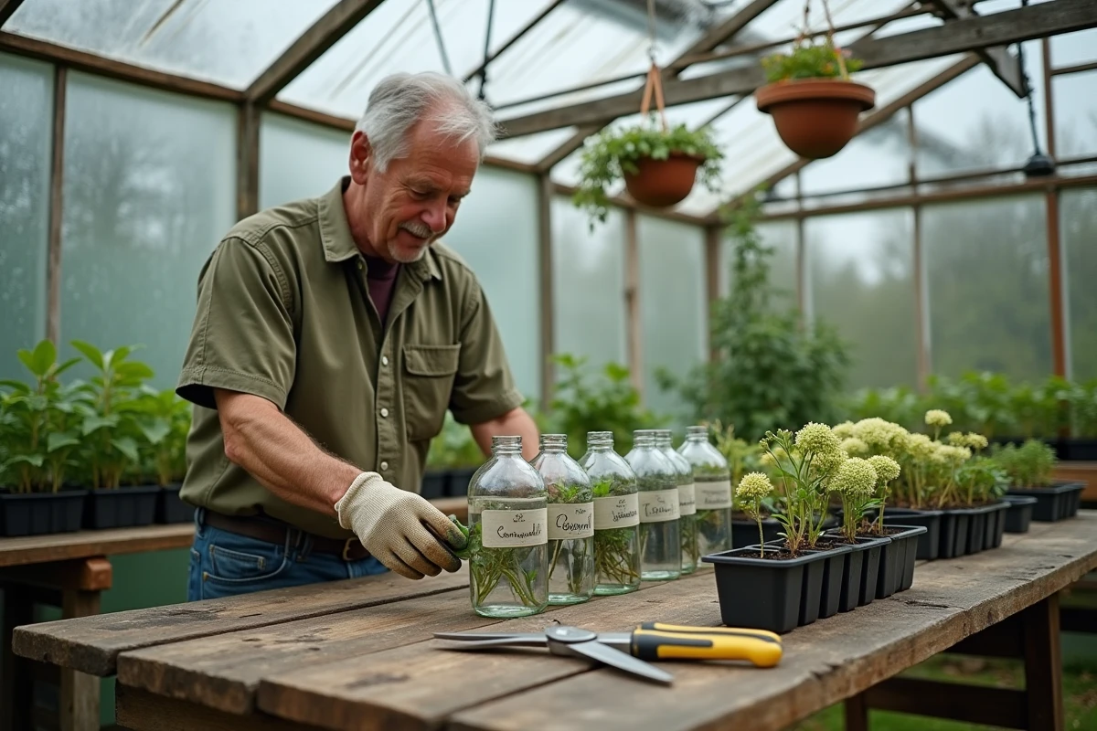 Jardinier expérimenté organisant des boutures d'hortensia dans des bouteilles en verre étiquetées sur un établi de serre