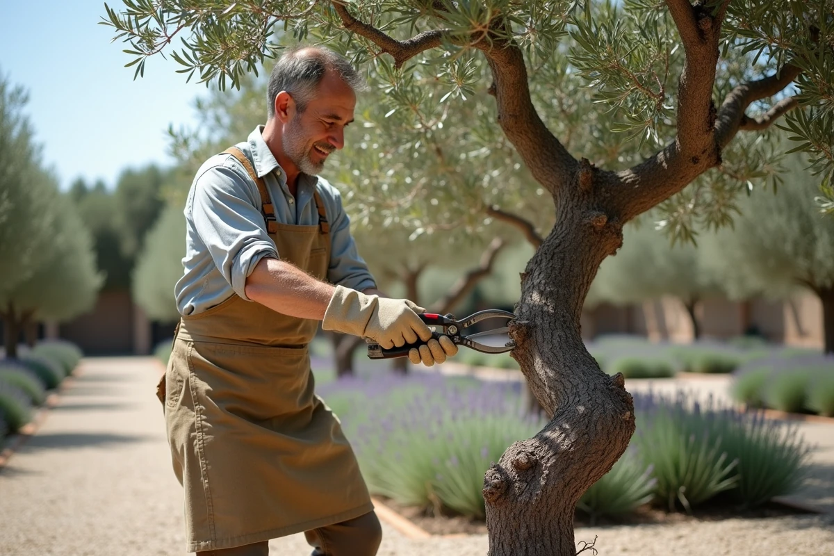 Jardinier taillant un jeune olivier pour développer un tronc noueux et décoratif dans un jardin structuré