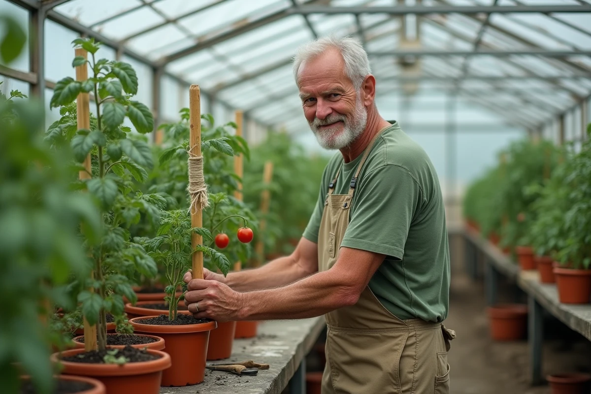Jardinier tuteurant un plant de tomates dans une serre pour stimuler sa croissance et son développement