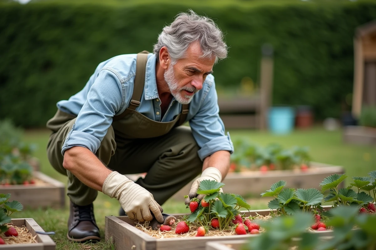 Jardinière examinant des fraises abîmées dans son potager, cherchant la cause des dégâts sur les plants