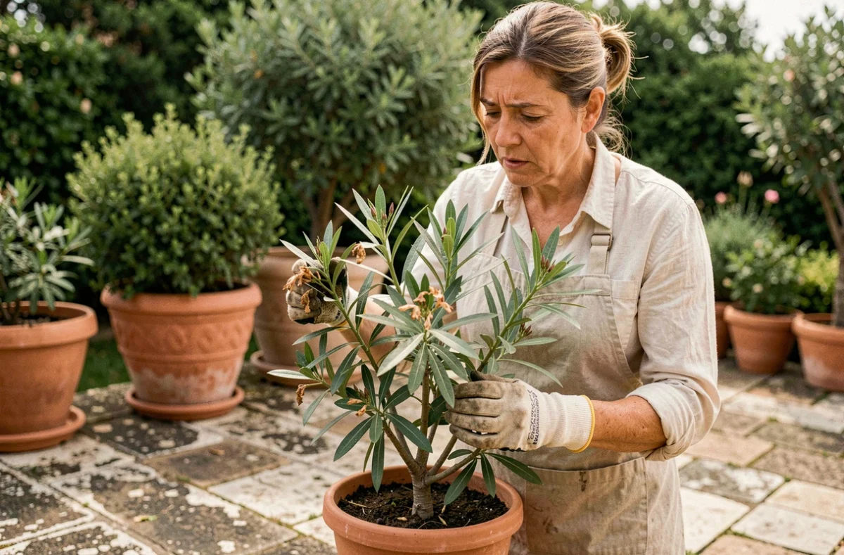 Jardinière inspectant un laurier rose en pot sur une terrasse méditerranéenne pour détecter une infestation de pucerons