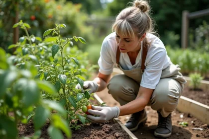 Jardinière inspectant les feuilles d'un plant de tomate pour détecter la présence de pucerons