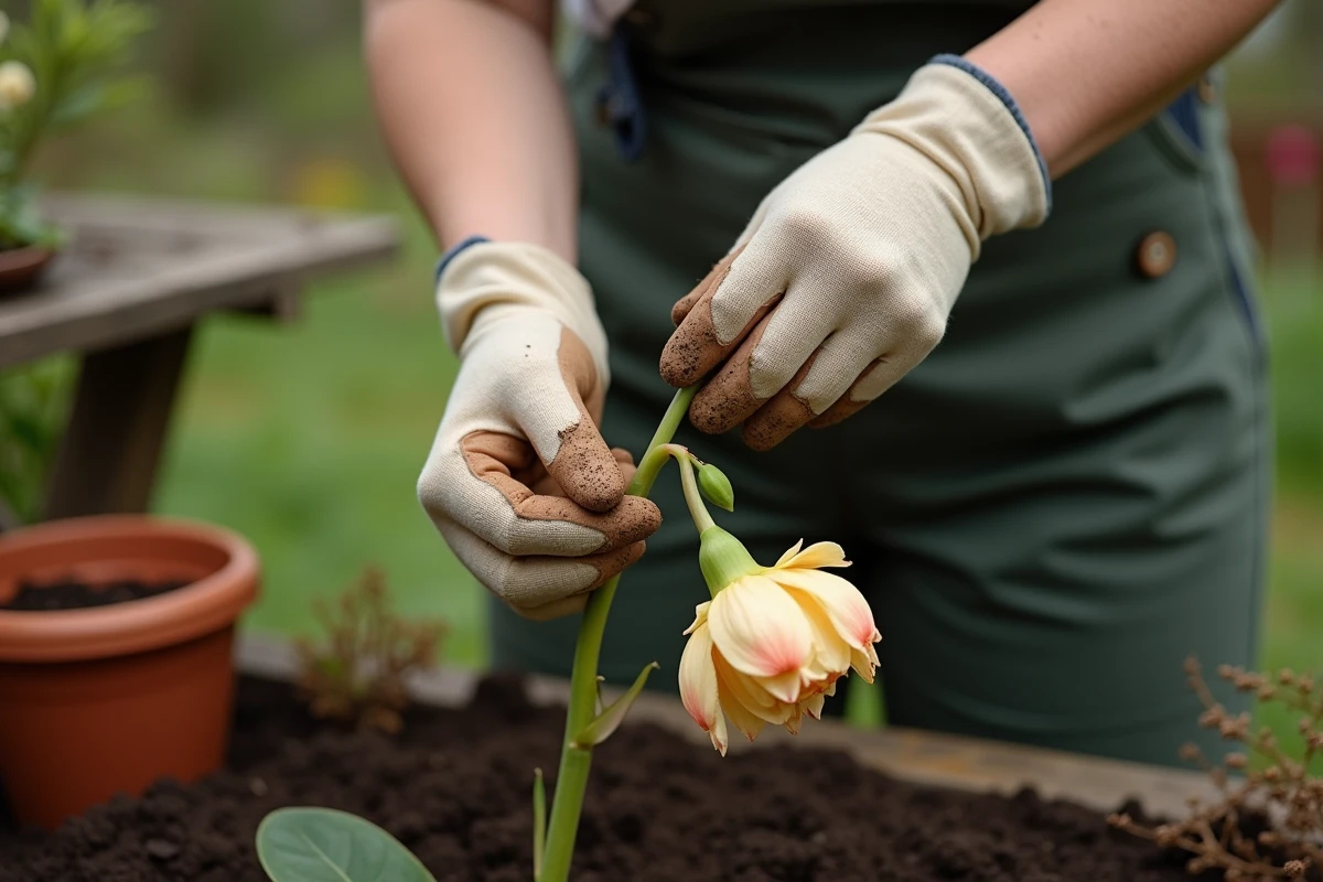 Jardinière examinant une tige de renoncule fanée extraite d'un massif de jardin en plein air