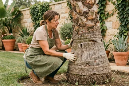 Femme jardinière inspectant la base d'un palmier pour détecter des larves du papillon palmier