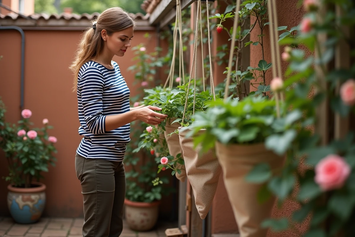 Femme entretenant des jardinières suspendues à une pergola pour utiliser la verticalité et optimiser l'espace dans un petit jardin méditerranéen