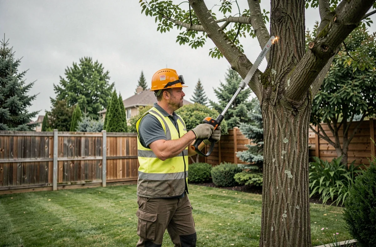 Un élagueur professionnel en tenue de sécurité taille un grand arbre dans un jardin résidentiel