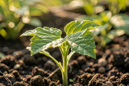 Jeune plante verte éclairée par la lumière du matin au jardin
