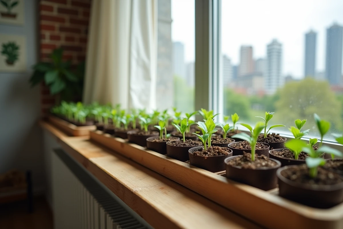 Plateaux de semis avec de jeunes pousses vertes disposés sur une étagère en bois devant une grande fenêtre d'appartement