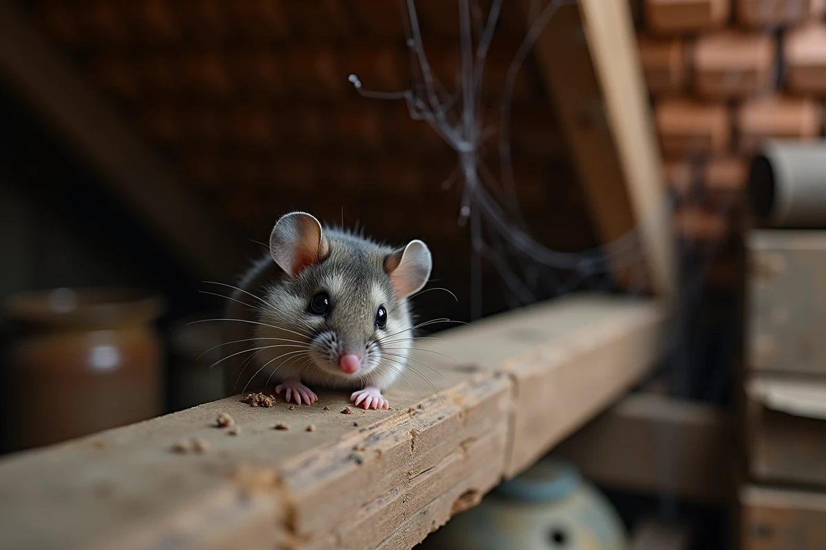 Loir gris perché sur une poutre de grenier avec des crottes visibles à proximité, illustrant la présence de rongeurs dans une habitation