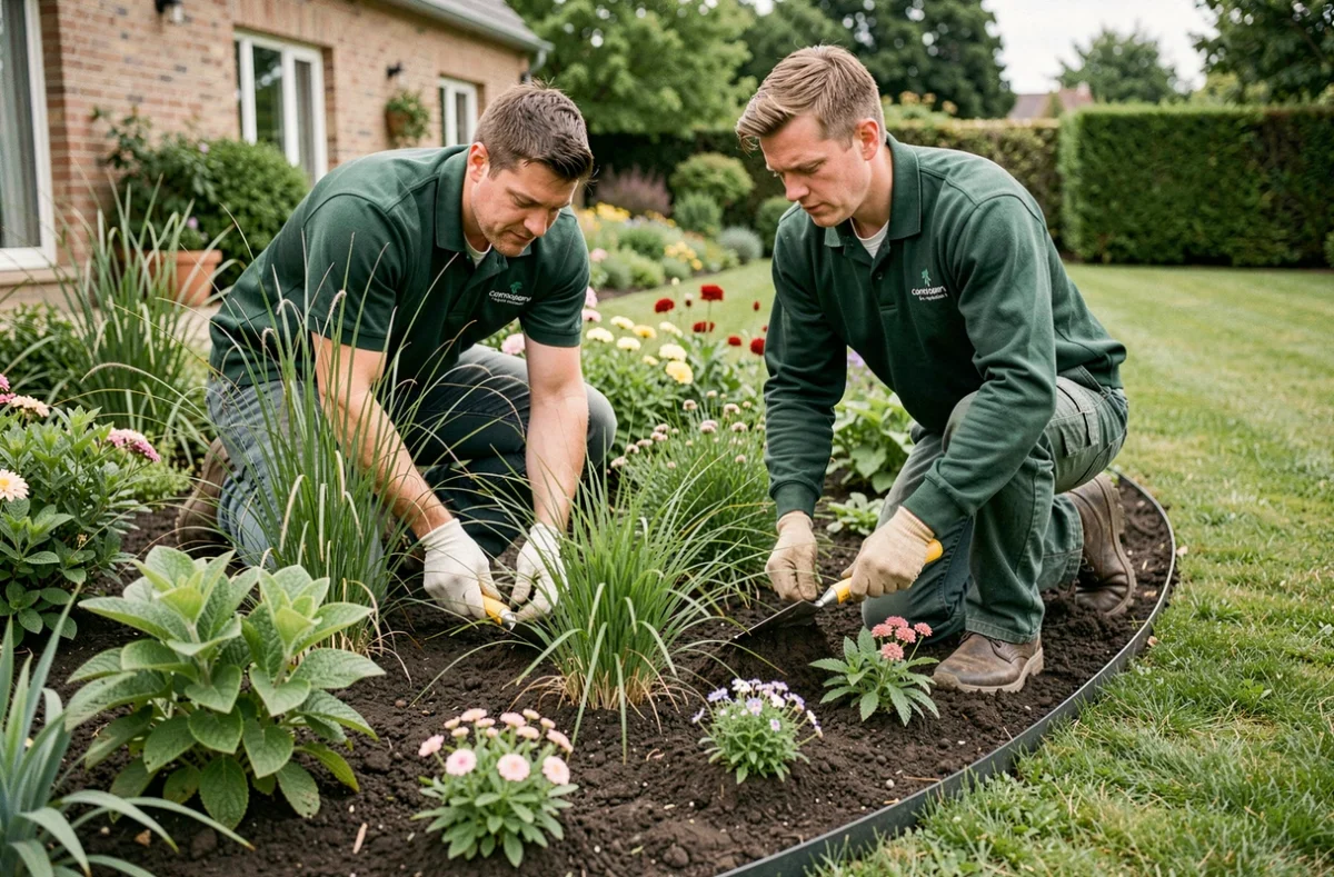 Équipe de Loiselet Paysages en train de planter des végétaux dans un jardin résidentiel du Loiret