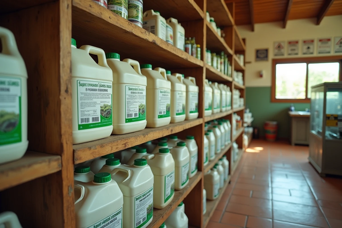 Rayons d'un magasin agricole espagnol avec des bidons de glyphosate 5 litres et produits phytosanitaires