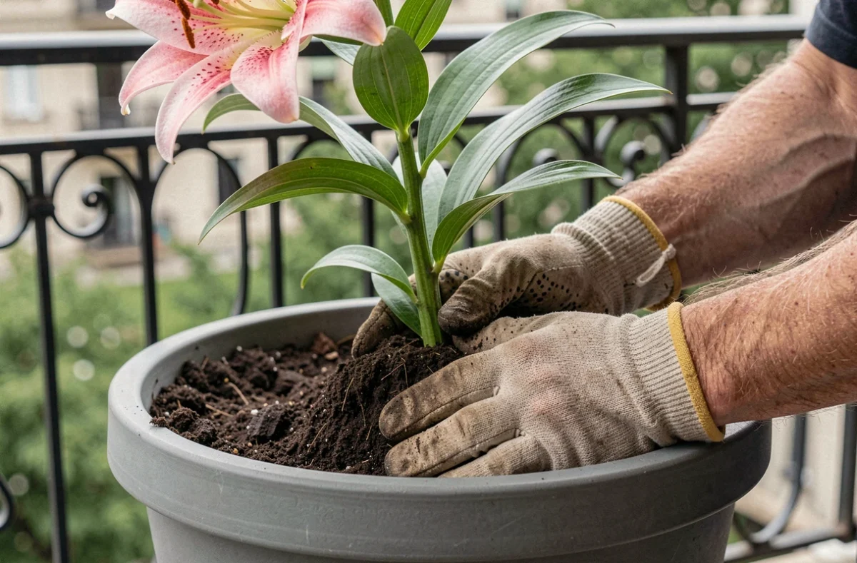 Gros plan sur des mains gantées tassant la terre autour d'un lys oriental en fleur dans un grand pot en céramique grise sur un balcon