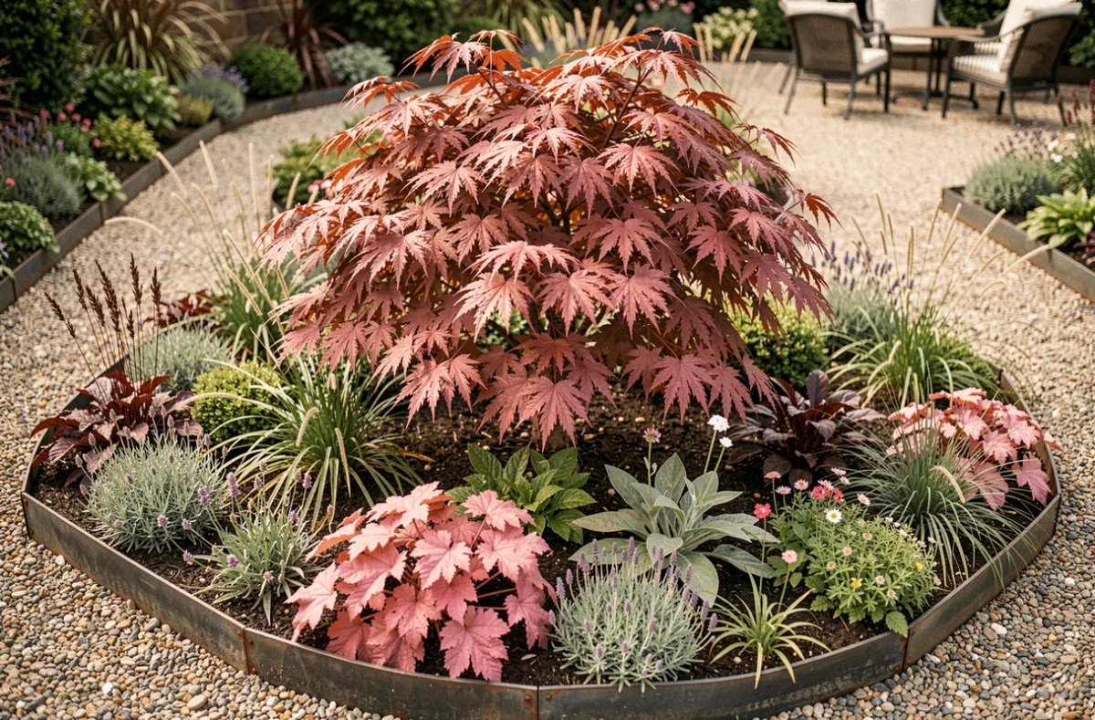Massif décoratif de jardin avec un érable japonais à feuilles roses entouré de plantes ornementales colorées