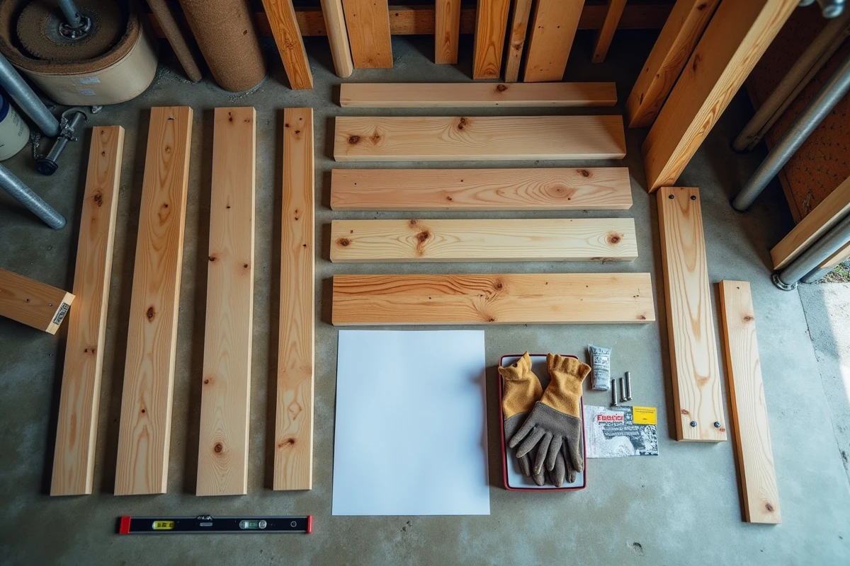 Matériaux et outils pour construire une clôture soi-même, vue à plat d'un projet de clôture DIY