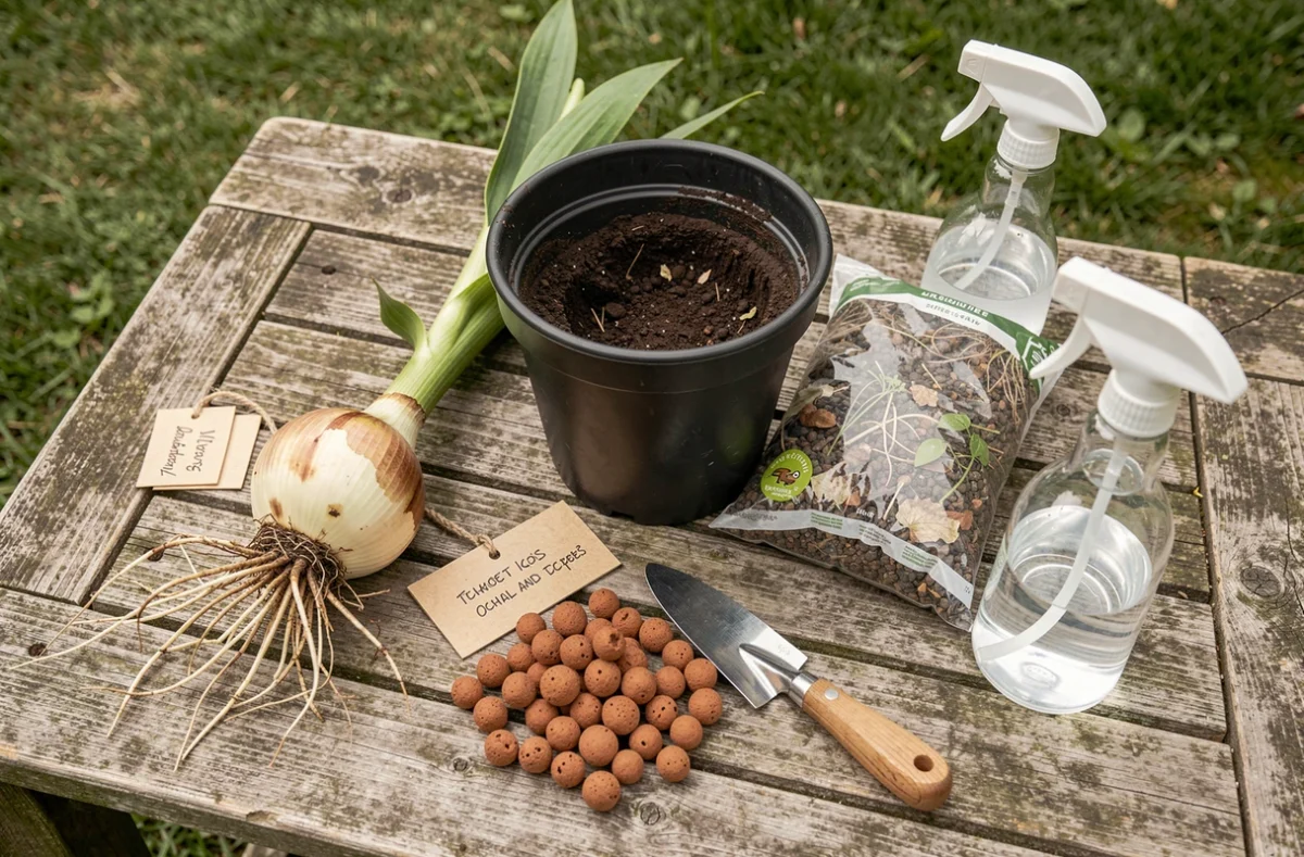 Vue de dessus du matériel nécessaire pour rempoter un lys oriental sans le stresser : bulbe, pot, terreau drainant, billes d'argile et outils de jardinage