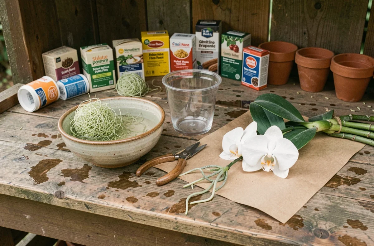Matériel de rempotage pour orchidée Phalaenopsis avec sphaigne humide, pot transparent et racines aériennes sur table en bois