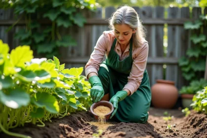 Femme jardiniÃ¨re apportant de l'engrais organique en granulÃ©s au pied de plants de concombres dans un potager bien entretenu