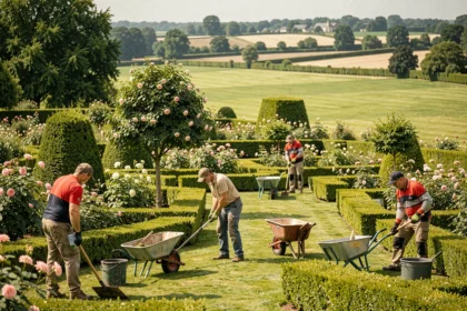 Équipe professionnelle d'entretien de jardin travaillant dans un parc verdoyant en Centre-Val de Loire