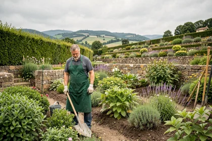 Un jardinier professionnel entretient un jardin verdoyant en Auvergne-Rhône-Alpes avec des collines en arrière-plan
