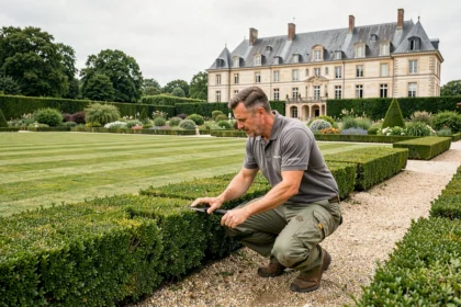 Paysagiste professionnel travaillant dans un jardin soigné du Loiret avec une demeure en pierre en arrière-plan