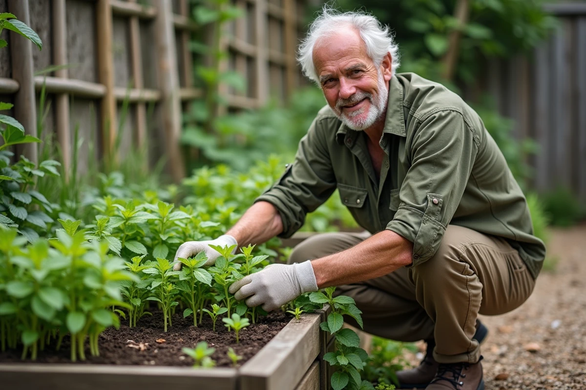 Jardinier retirant des plants de menthe envahissants d'un carré potager avec d'autres herbes aromatiques