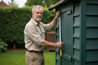 Homme mesurant la hauteur d'un abri de jardin en bois dans un jardin suburban, illustrant les règles de hauteur sans permis de construire