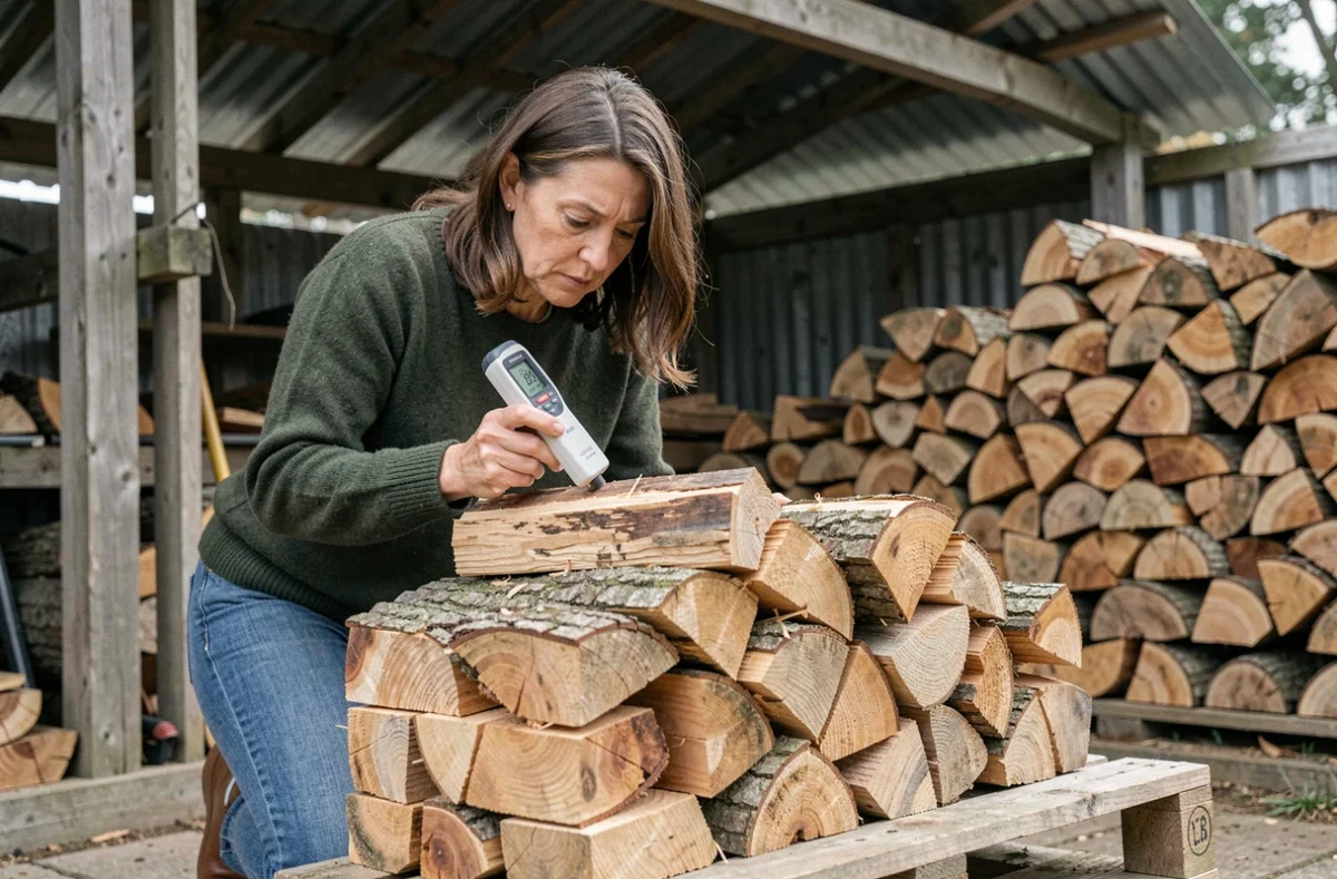 Femme mesurant l'humidité de bûches dans un stère de bois rangé sous un abri en bois