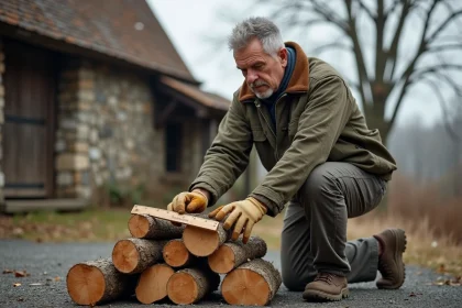 Homme mesurant un stère de bois avec une règle pliante sur une allée en gravier devant une maison de campagne