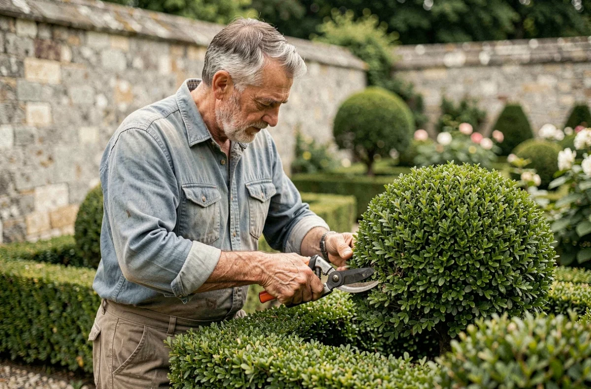 Michel Paysagiste taillant avec précision une topiaire en buis dans un jardin classique français