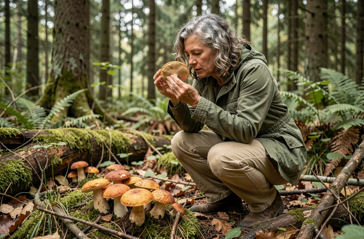 Mycologue femme accroupie en forêt mixte examinant attentivement un bolet à chair jaune fraîchement cueilli, plusieurs champignons similaires visibles au sol autour d'elle