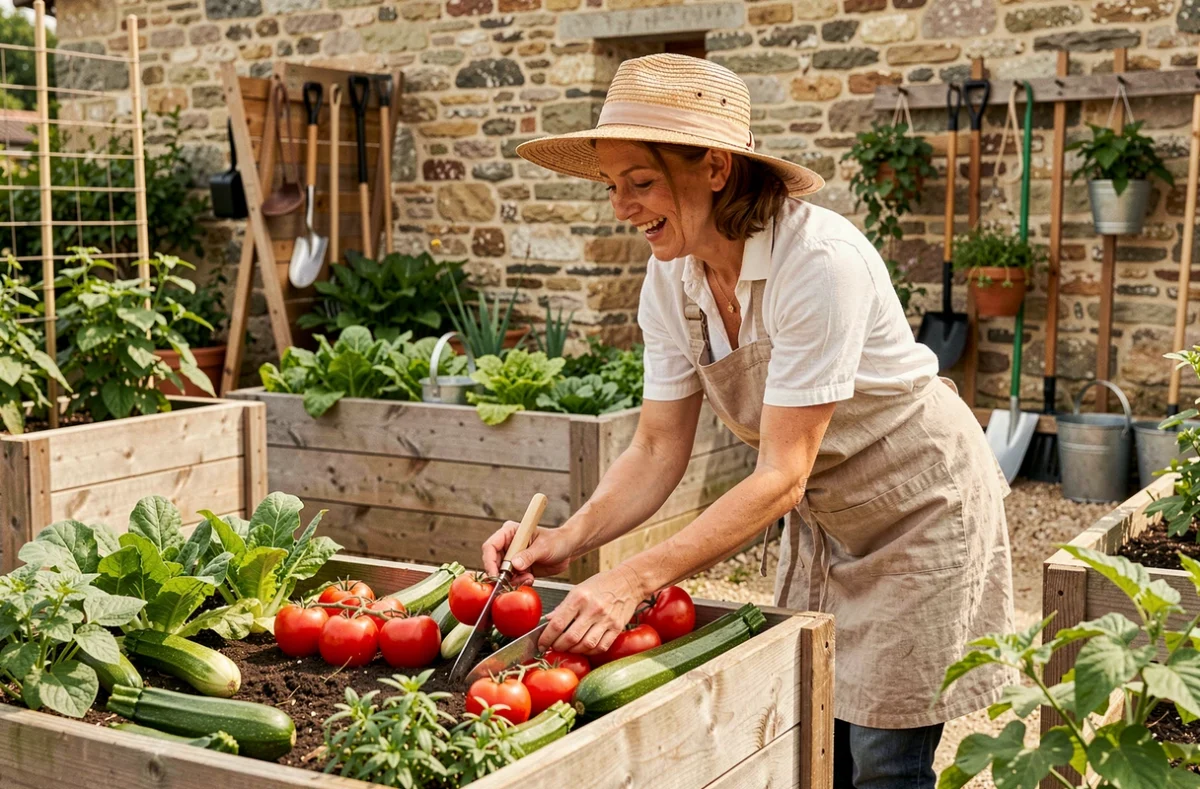 Jardinière d'O'Bio Potager récoltant des légumes frais dans un potager biologique en Centre-Val de Loire