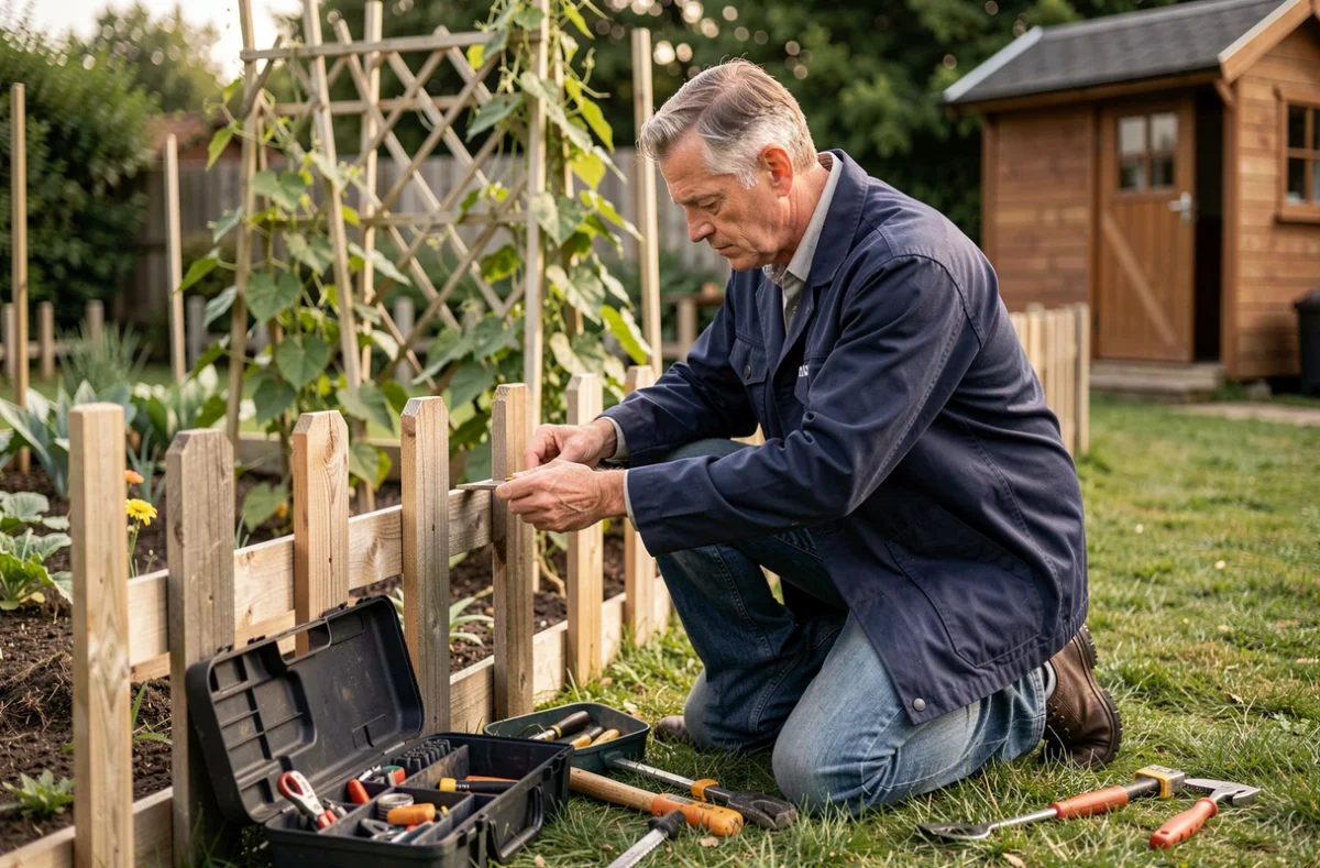 Un agent bricolage répare une clôture en bois dans un jardin entretenu avec une boîte à outils ouverte