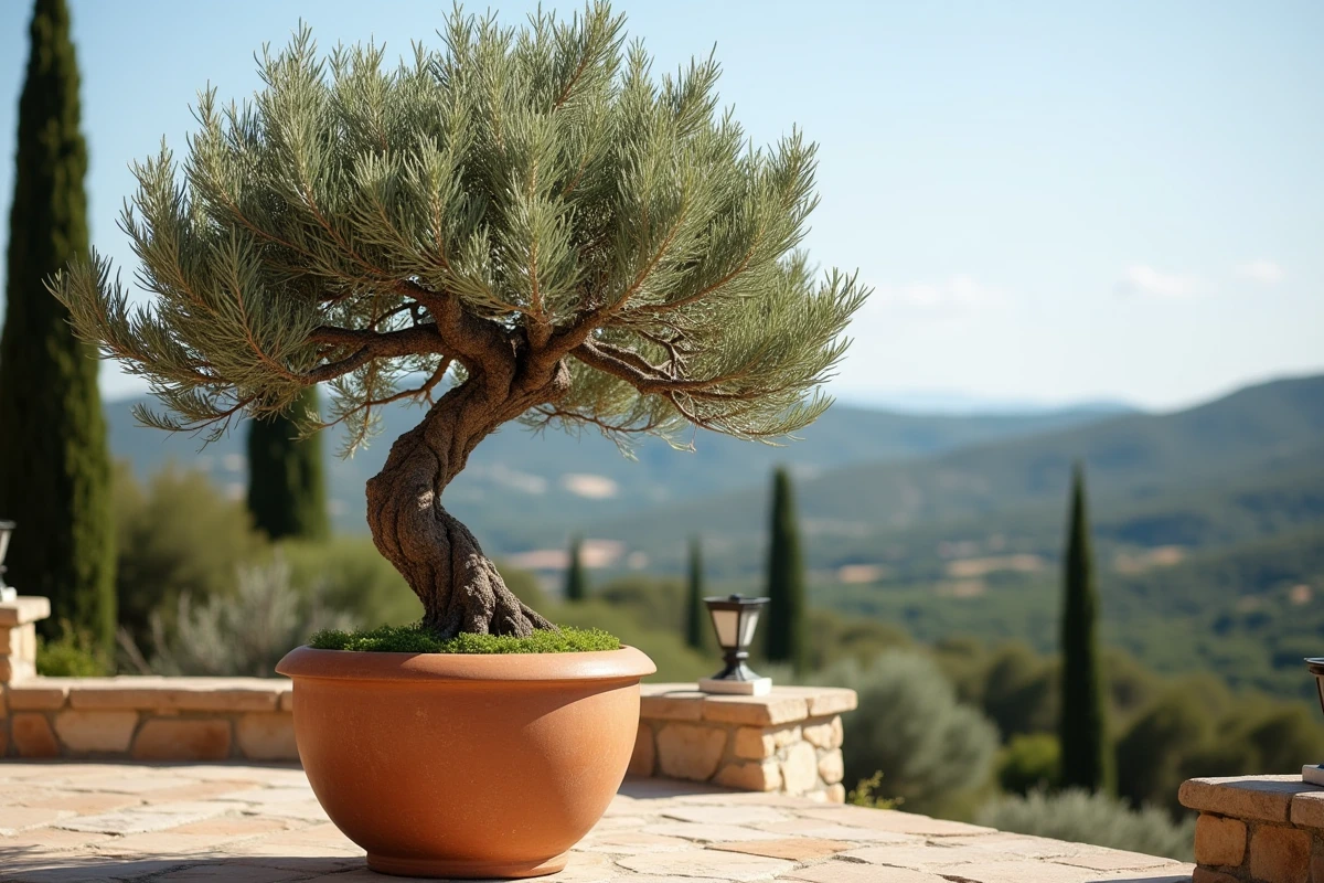Olivier ornemental en pot céramique sur terrasse en pierre avec tronc artistiquement formé et paysage provençal