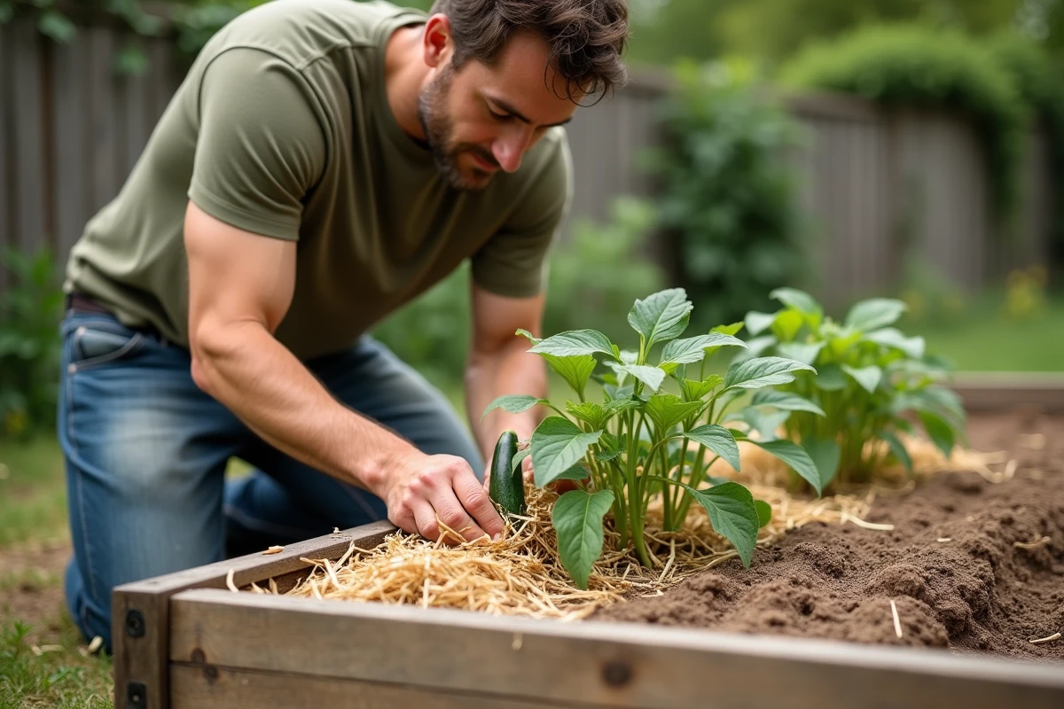 Homme appliquant du paillis de paille autour de légumes pour protéger le sol de la chaleur estivale
