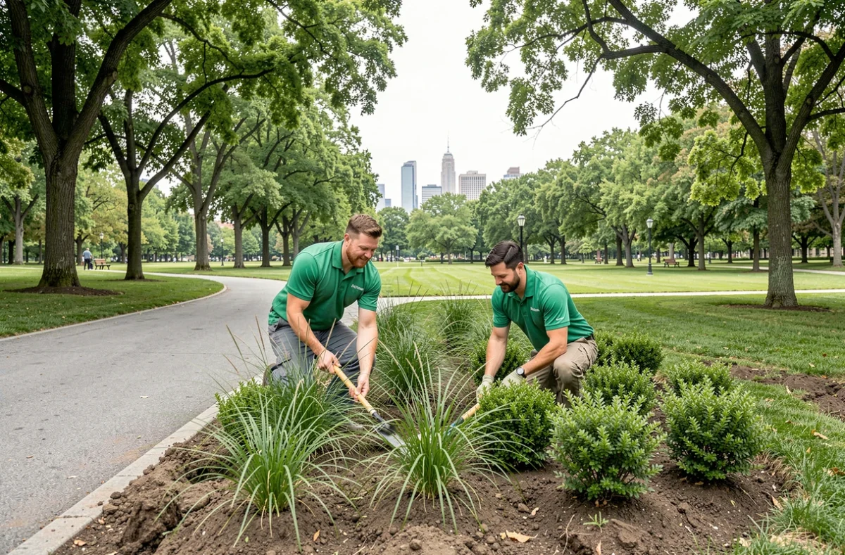 Deux ouvriers paysagistes installent des plantations ornementales dans un parc urbain