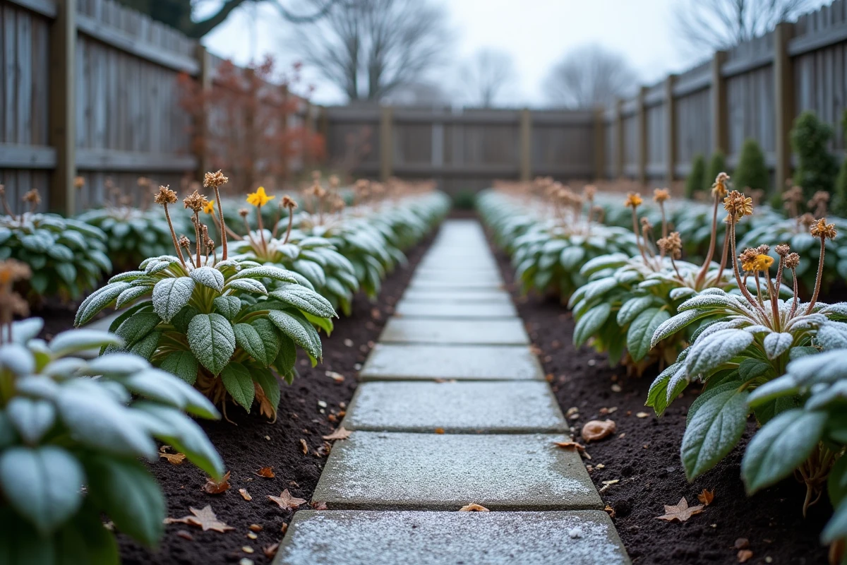 Vue large d'un parterre de jardin après une forte gelée avec géraniums, impatientes et tomates aux tiges effondrées et feuillage noirci