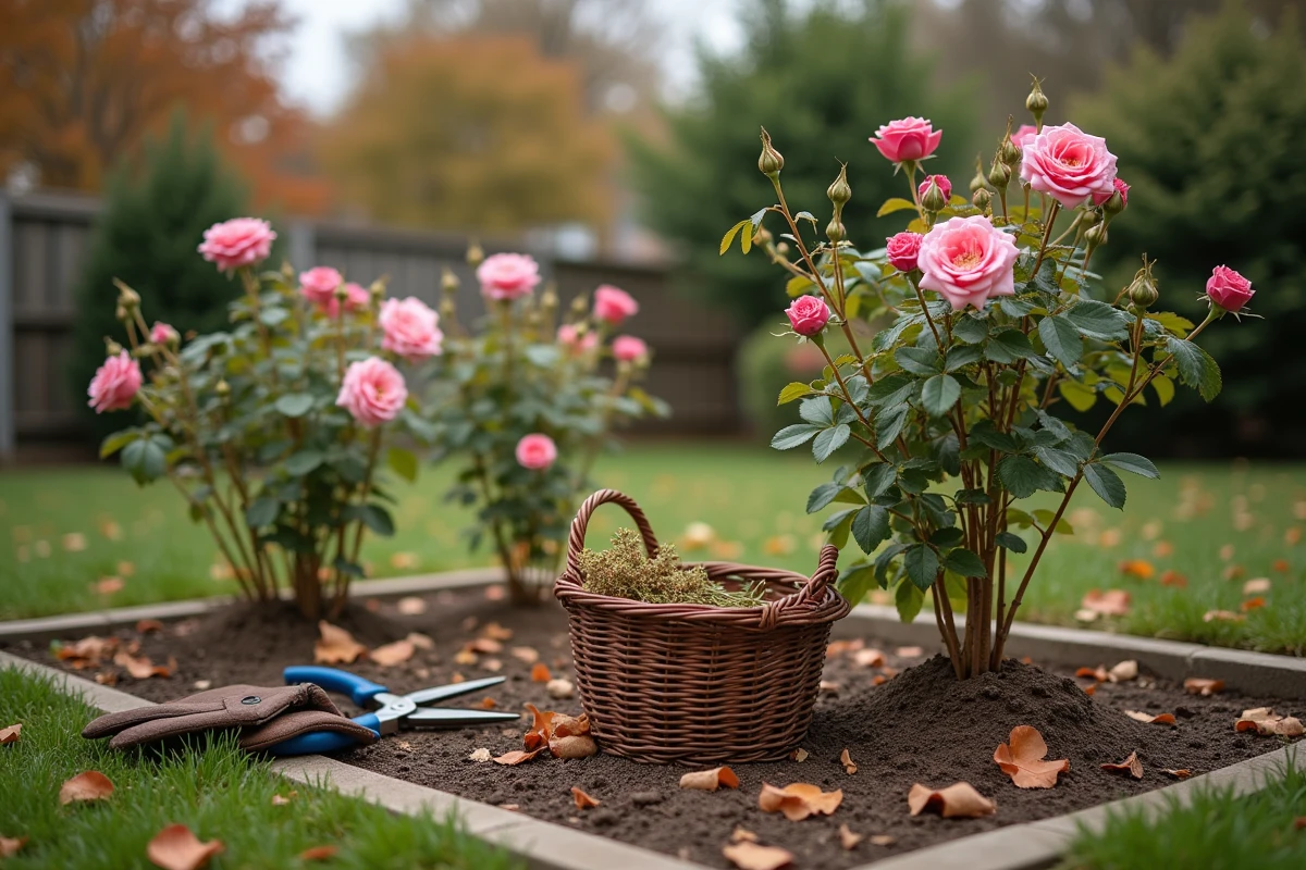 Parterre de rosiers avec des boules à couper en automne, sécateur et gants posés sur le bord