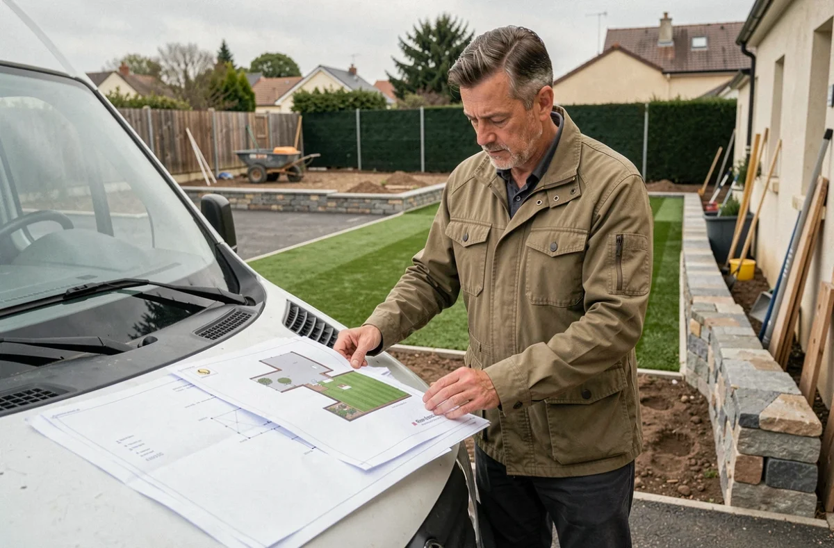 Un concepteur paysagiste examine des plans de jardin devant un chantier à Saint-Étienne
