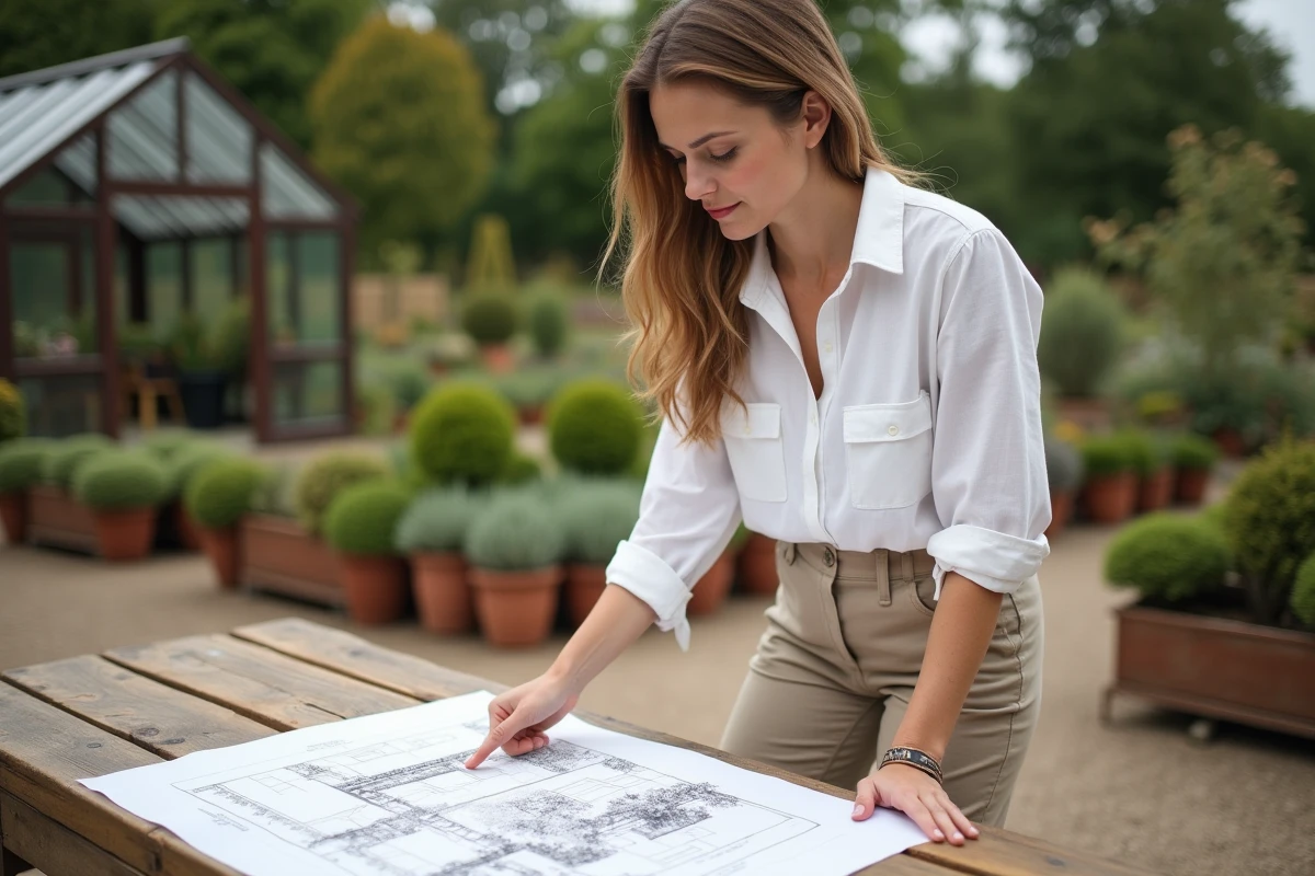 Paysagiste féminine consultant un plan de jardin dans une pépinière professionnelle