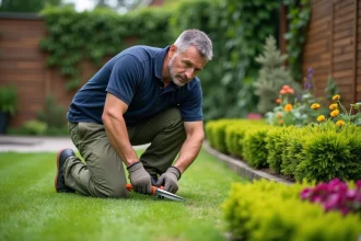 Paysagiste professionnel en train de tailler les bordures d'un jardin résidentiel soigné