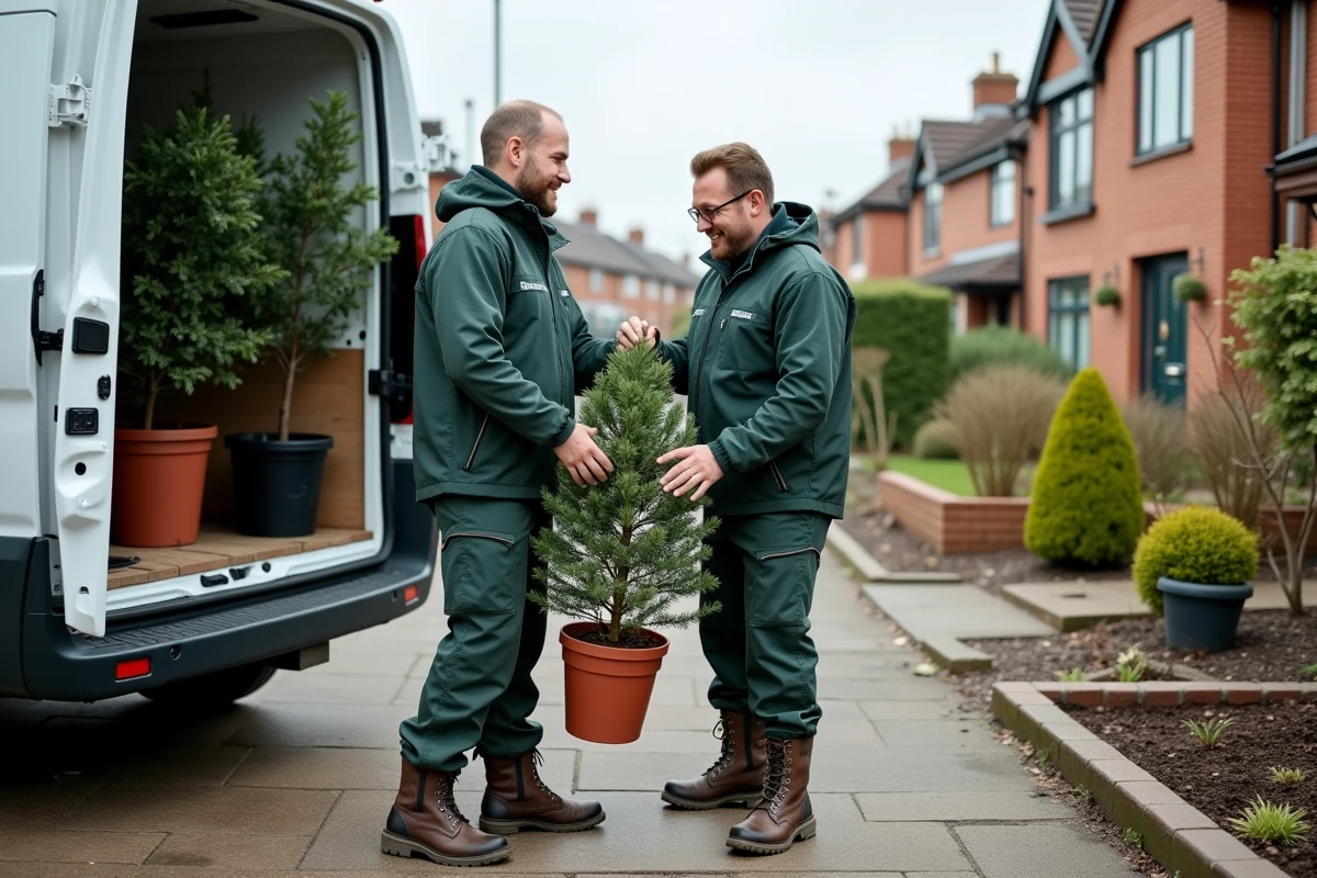 Deux paysagistes déchargeant des plantes ornementales pour aménager un jardin de maison individuelle