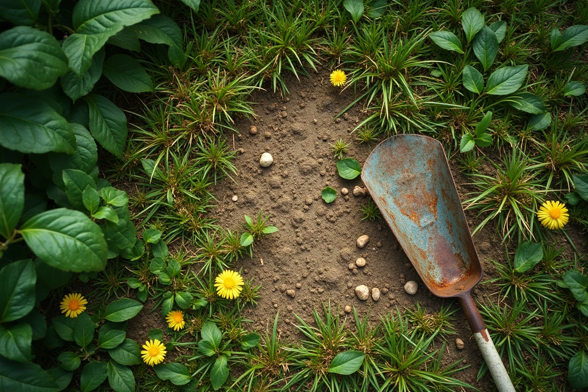 Vue aérienne rapprochée d'une pelouse abîmée envahie de pissenlits, plantains et trèfles avec des zones de sol nu